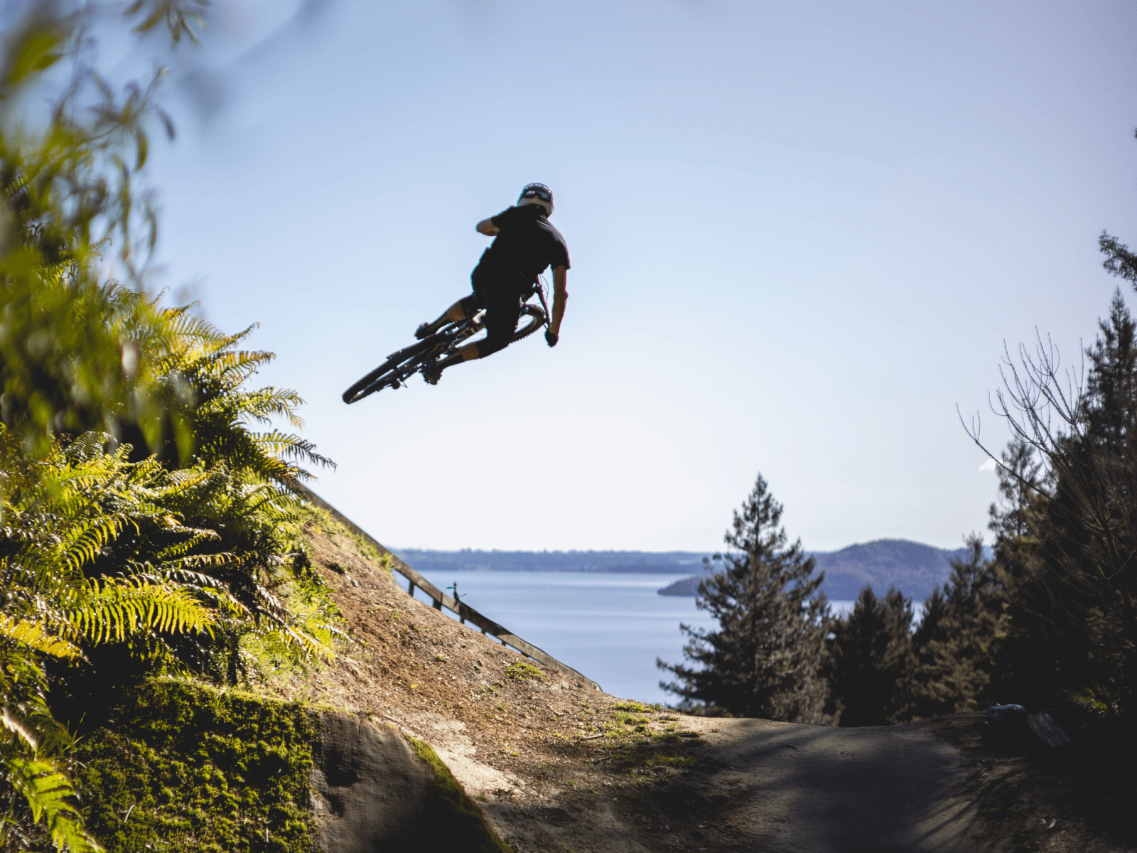 Mountain biker catching air on a trail at Skyline Rotorua MTB Park, with lake and forest views in the background.