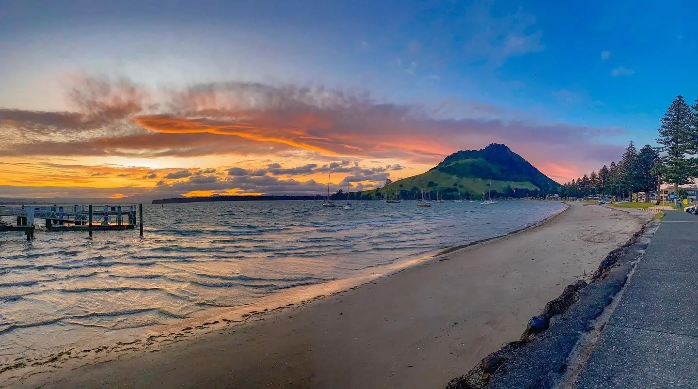 Pilot Bay Beach, Mount Maunganui, at sunset.