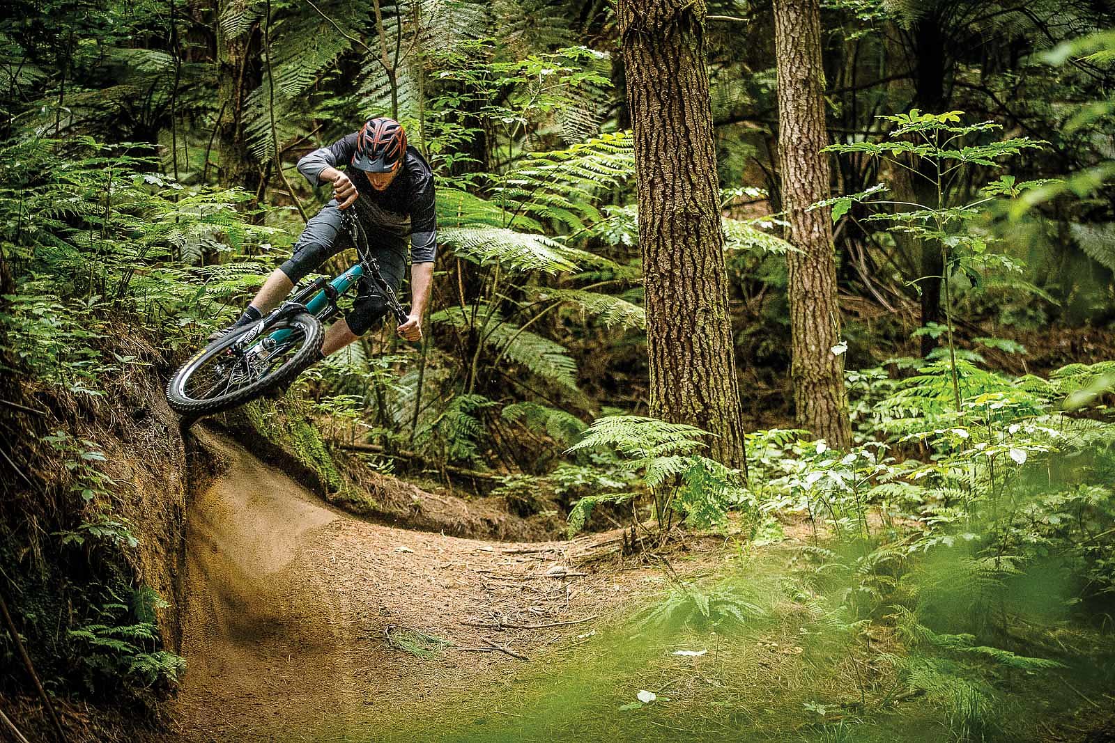 A person rides a banked corner on the Redwood Mountain biking trails.