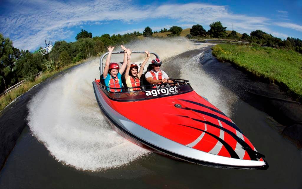 Group enjoy a ride on the Agro Jet at Velocity Valley in Rotorua.
