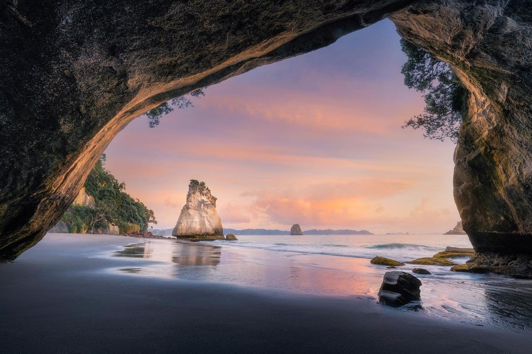 A stunning sunset capture of the famous Cathedral Cove located at Hahei on the Coromandel.