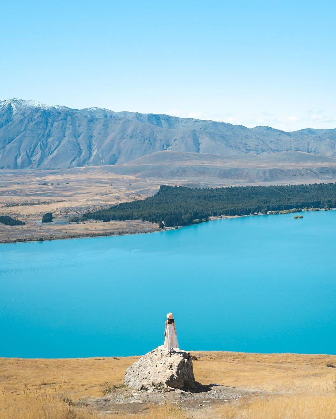 A woman look out over Lake Tekapo from the top of a nearby mountain.