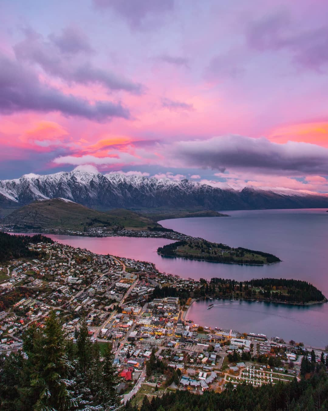 A sunset view of Queenstown from the Skyline Gondola.