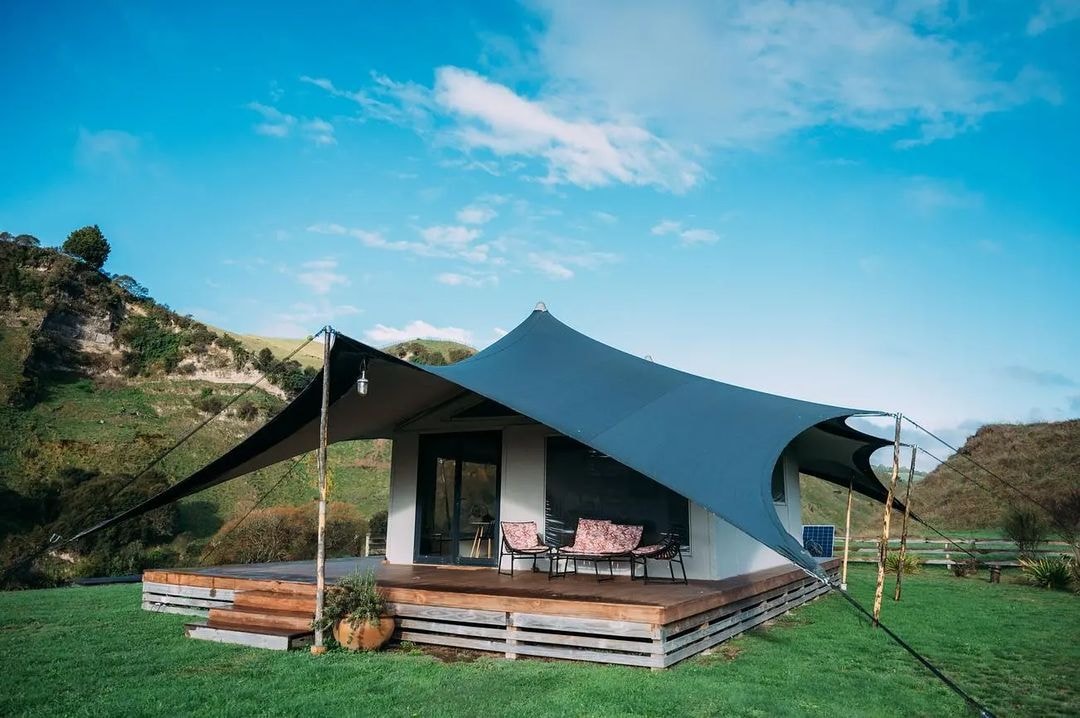 An exterior capture of the Te Awa Glamping tent in Whanganui.
