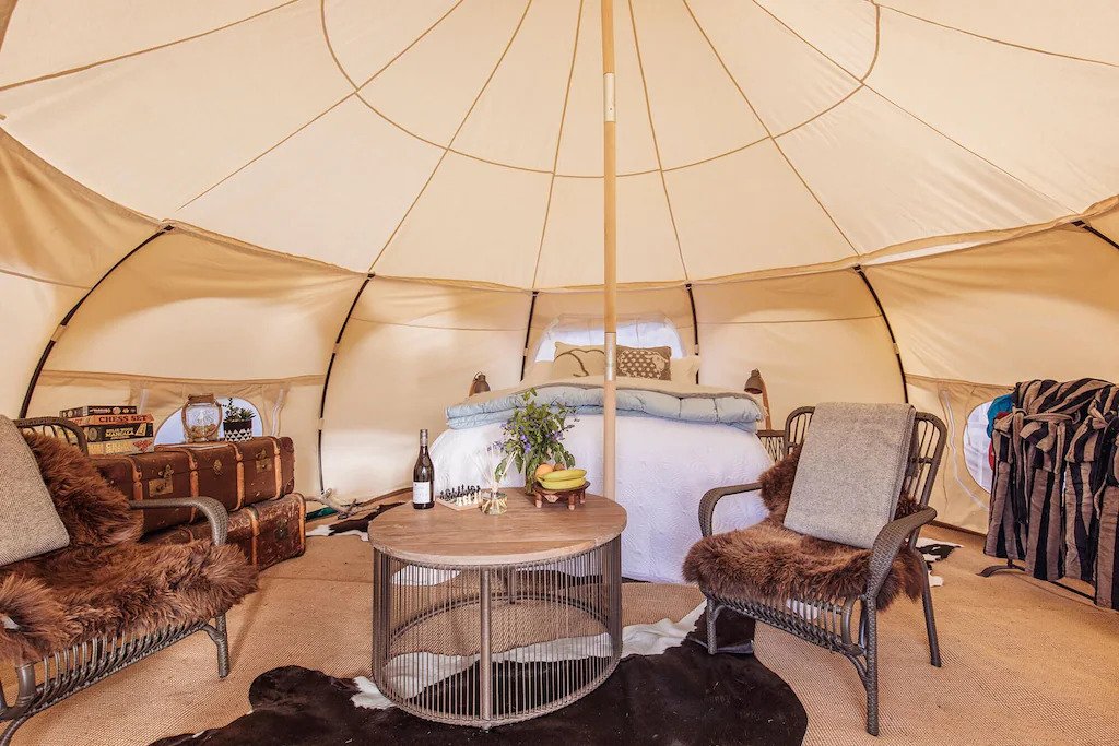 The stunning inside of the Belle glamping tent at Remarkables Glamping Queenstown.