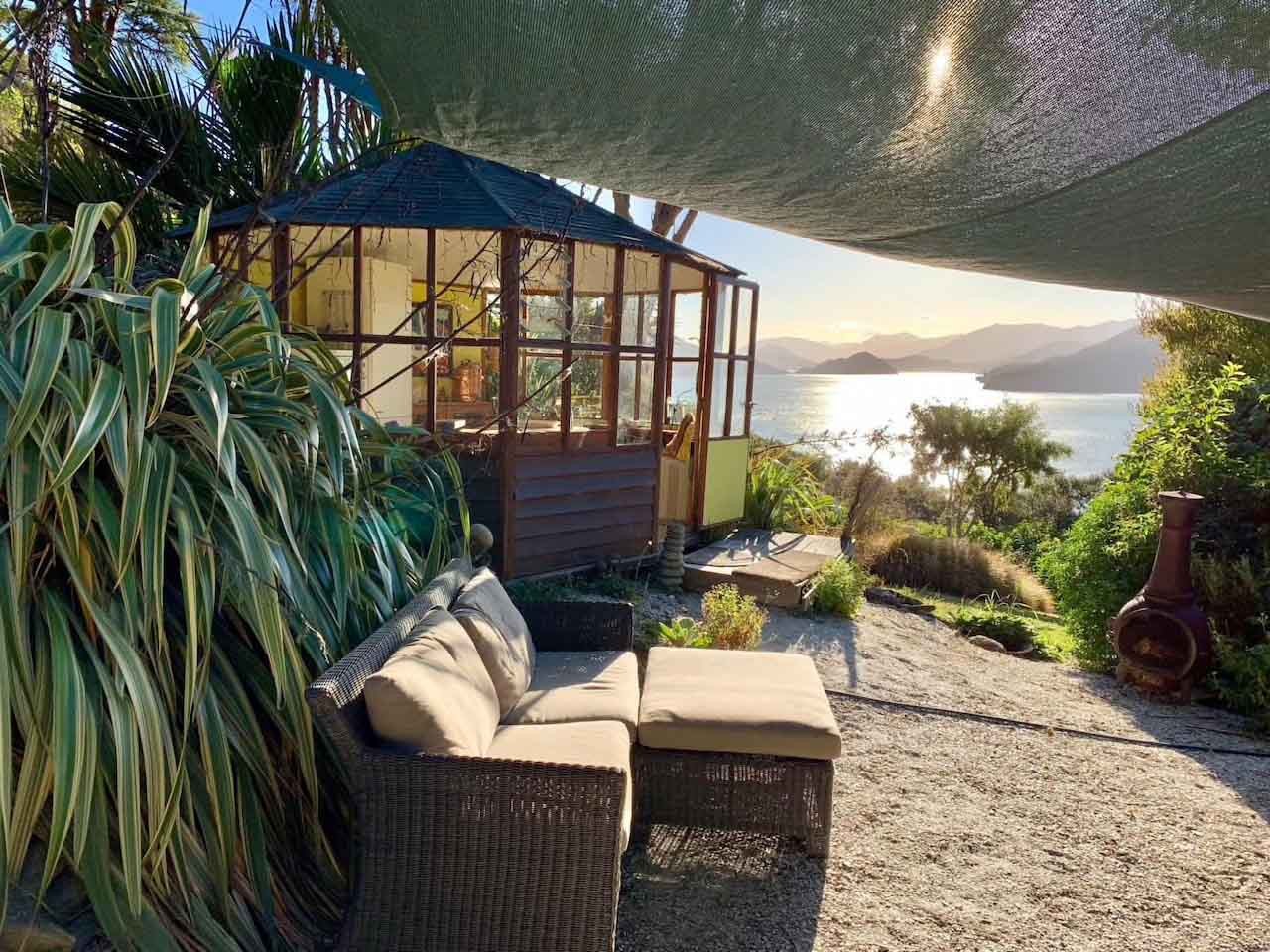 Ngahere Hou Glamping viewpoint of Kenepuru Head.
