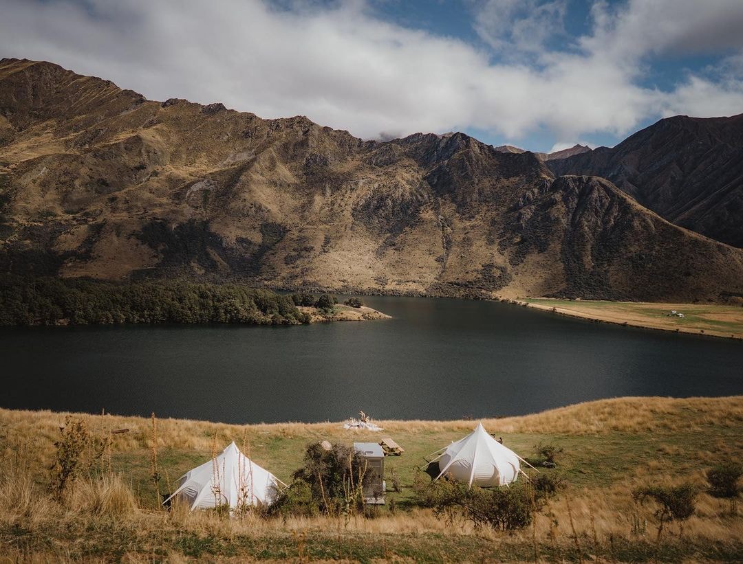 Two Belle tents over look Moke Loke at Glam Camping Queenstown.