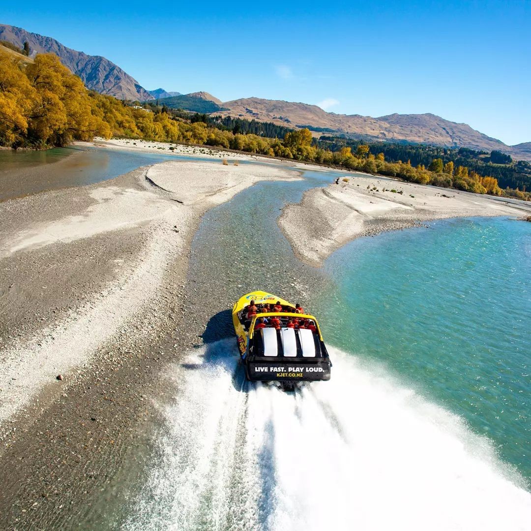 The KJet cruises down the Kawarau River in Queenstown loaded with thrill seeking customers.