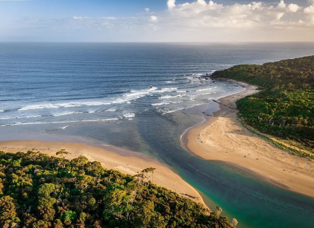A river meets the ocean on the edge of the Catlins conservation park.