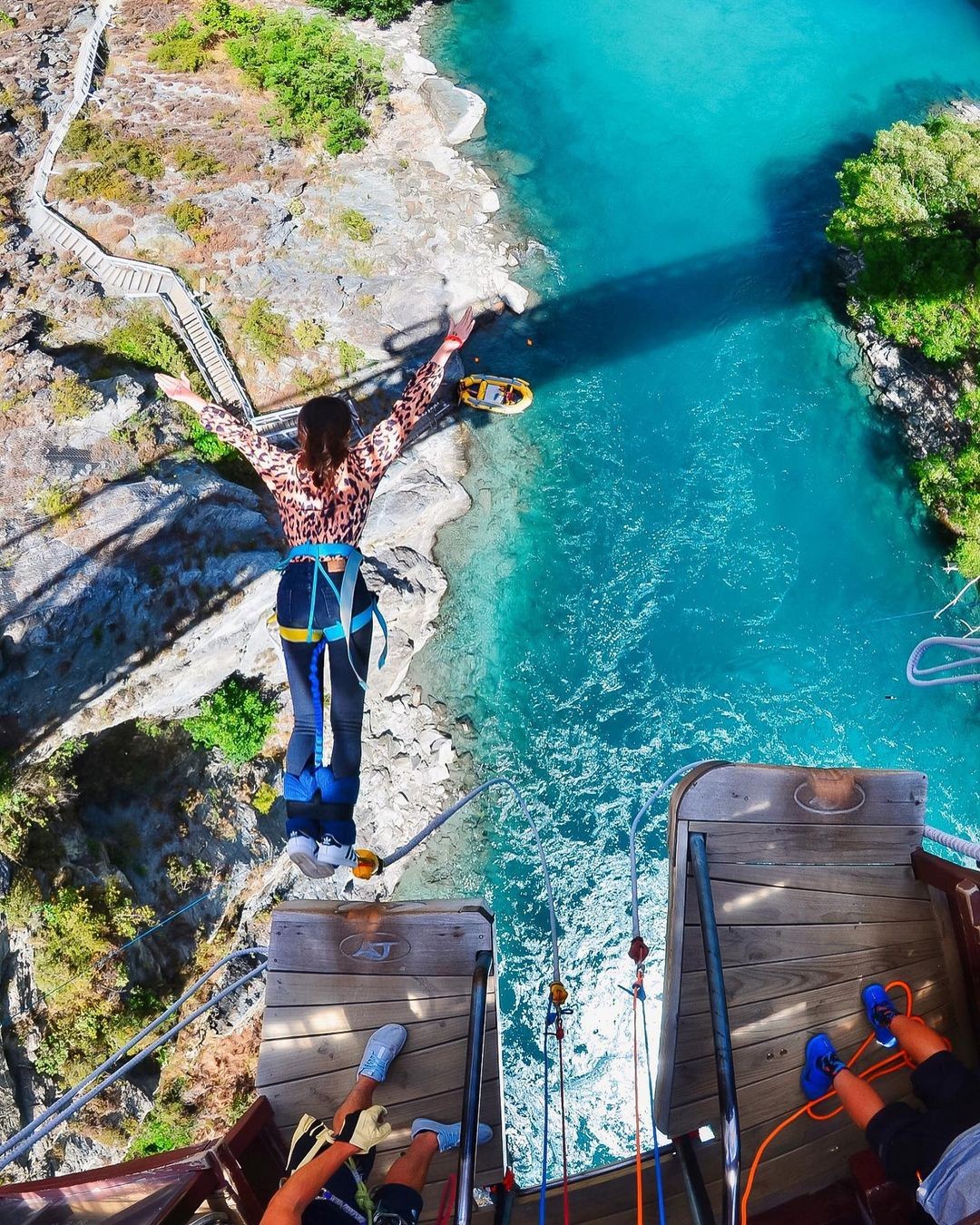 A woman bungy jumps from the Kawarau Bridge in the Gibbston Valley, Queenstown.
