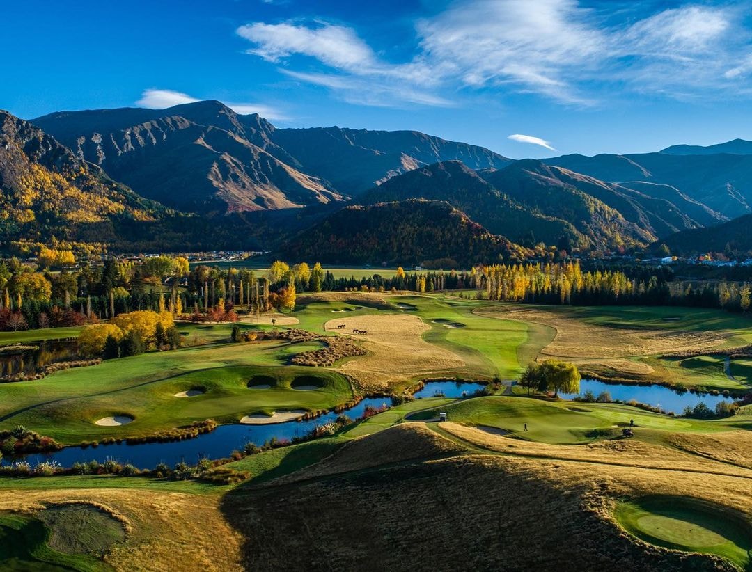 A stunning capture of the course layout at the Hills Golf Course in Arrowtown, Queenstown.