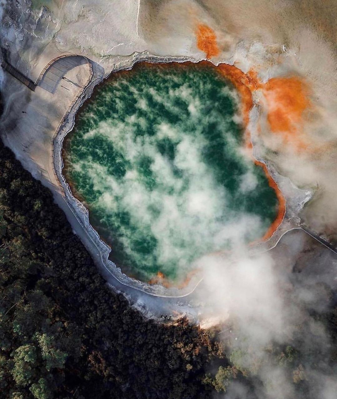 A birds-eye view of a geo-thermal feature in the Wai-O-Tapu Thermal Wonderland located in Rotorua, New Zealand.