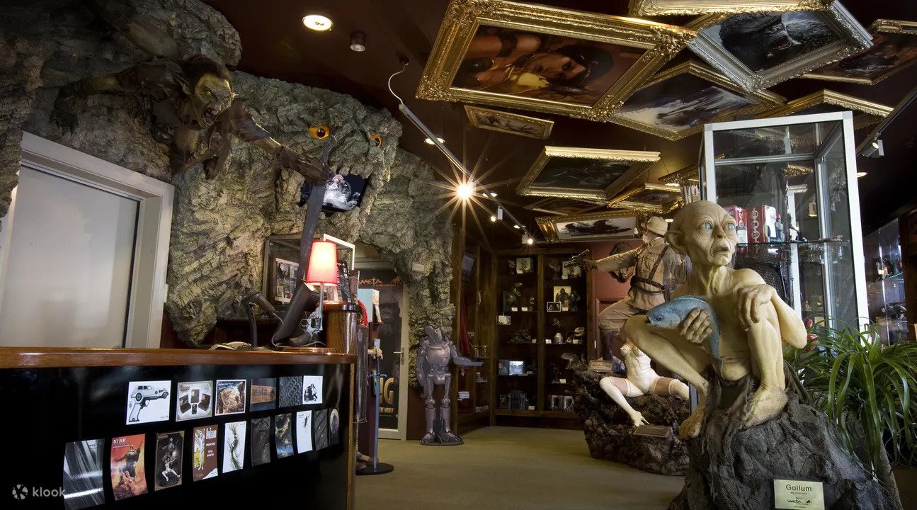 Lord of the Rings memorabilia and statues on display at the Weta Cave in Wellington, New Zealand.