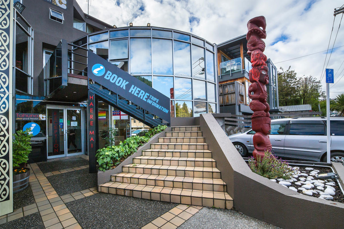 The front entrance to the Tahuna Pod Hostel in Queenstown.