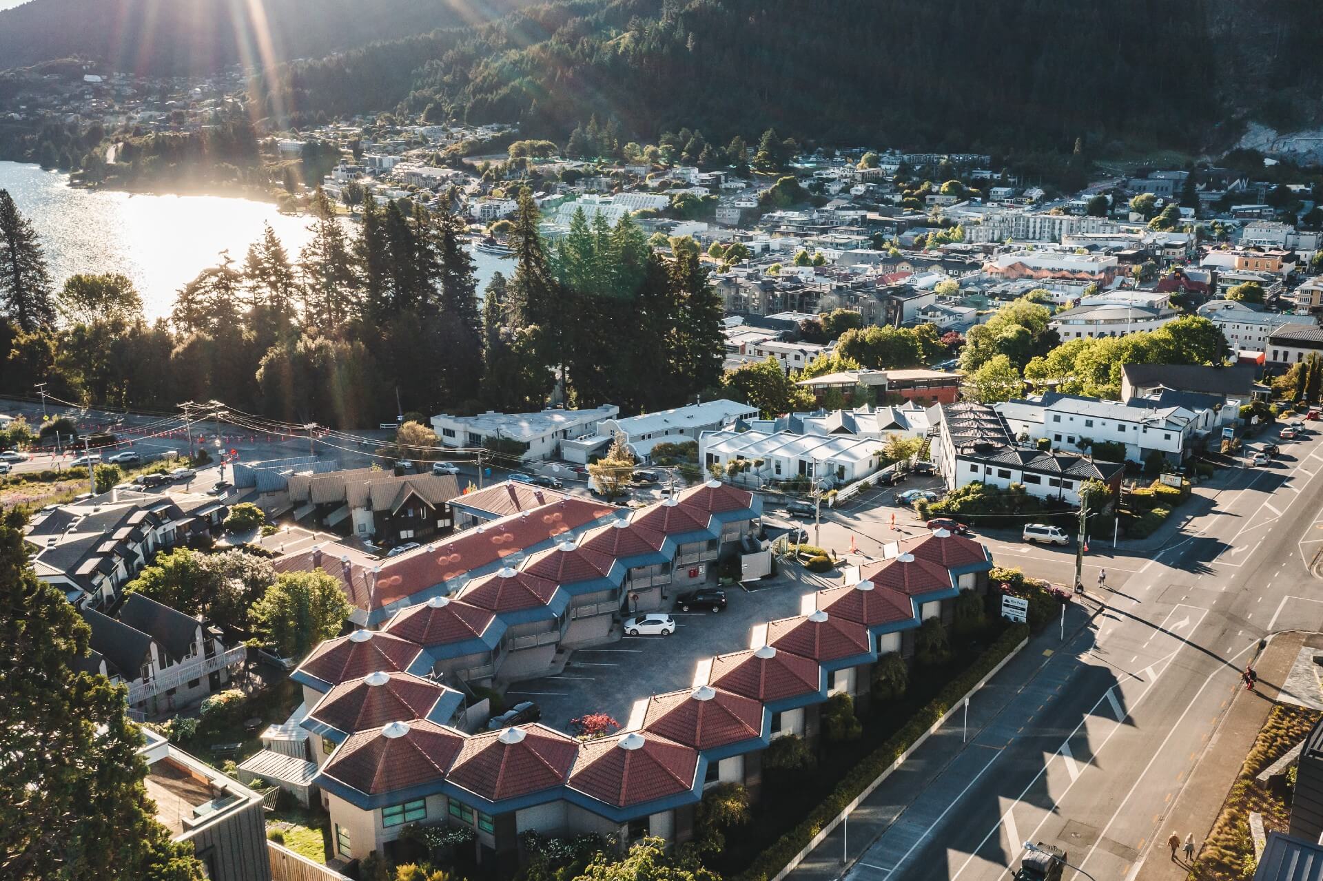 An aerial view of the Blue Peaks lodge looking back out towards central Queenstown.