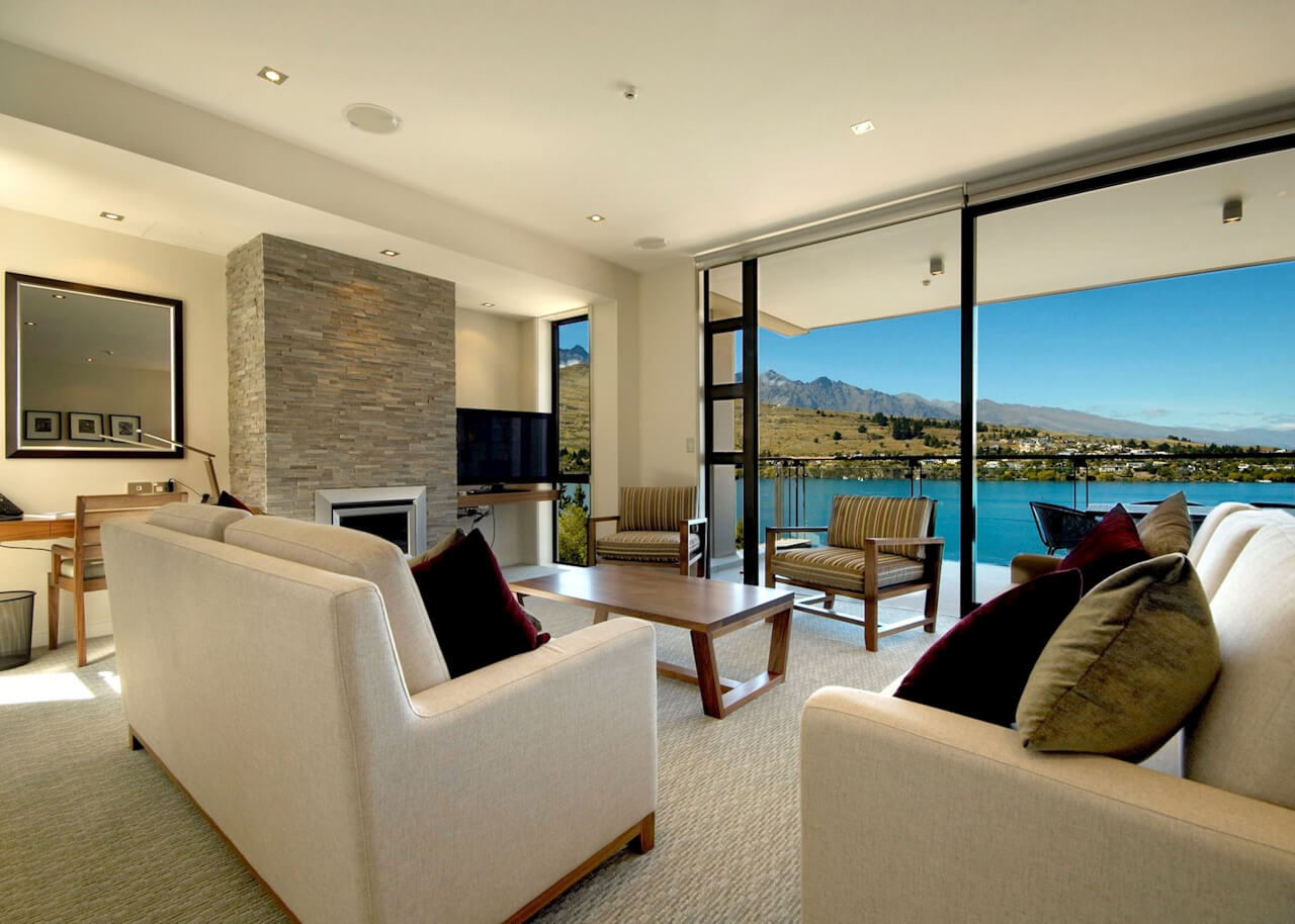 A lakeview room at The Rees Hotel in Queenstown.