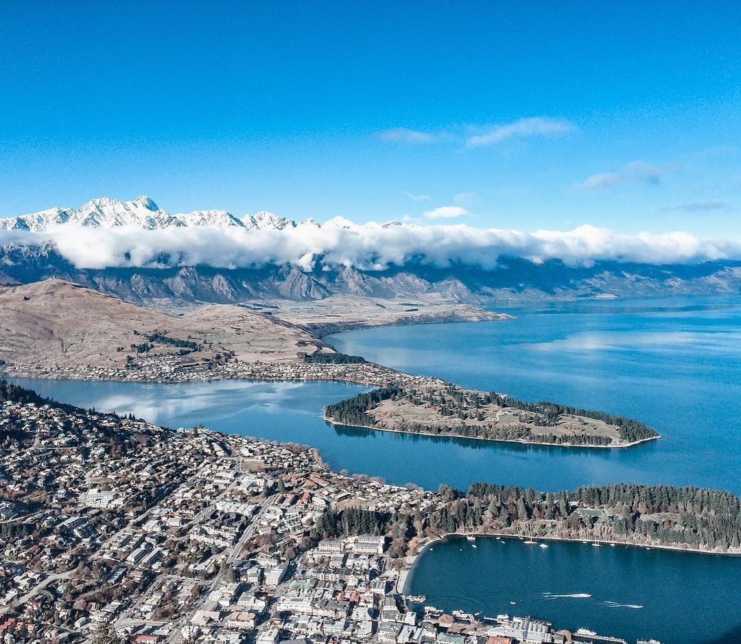 The classic Queenstown view of Queenstown and the Remarkables as seen from the Skyline Queenstown viewing deck.