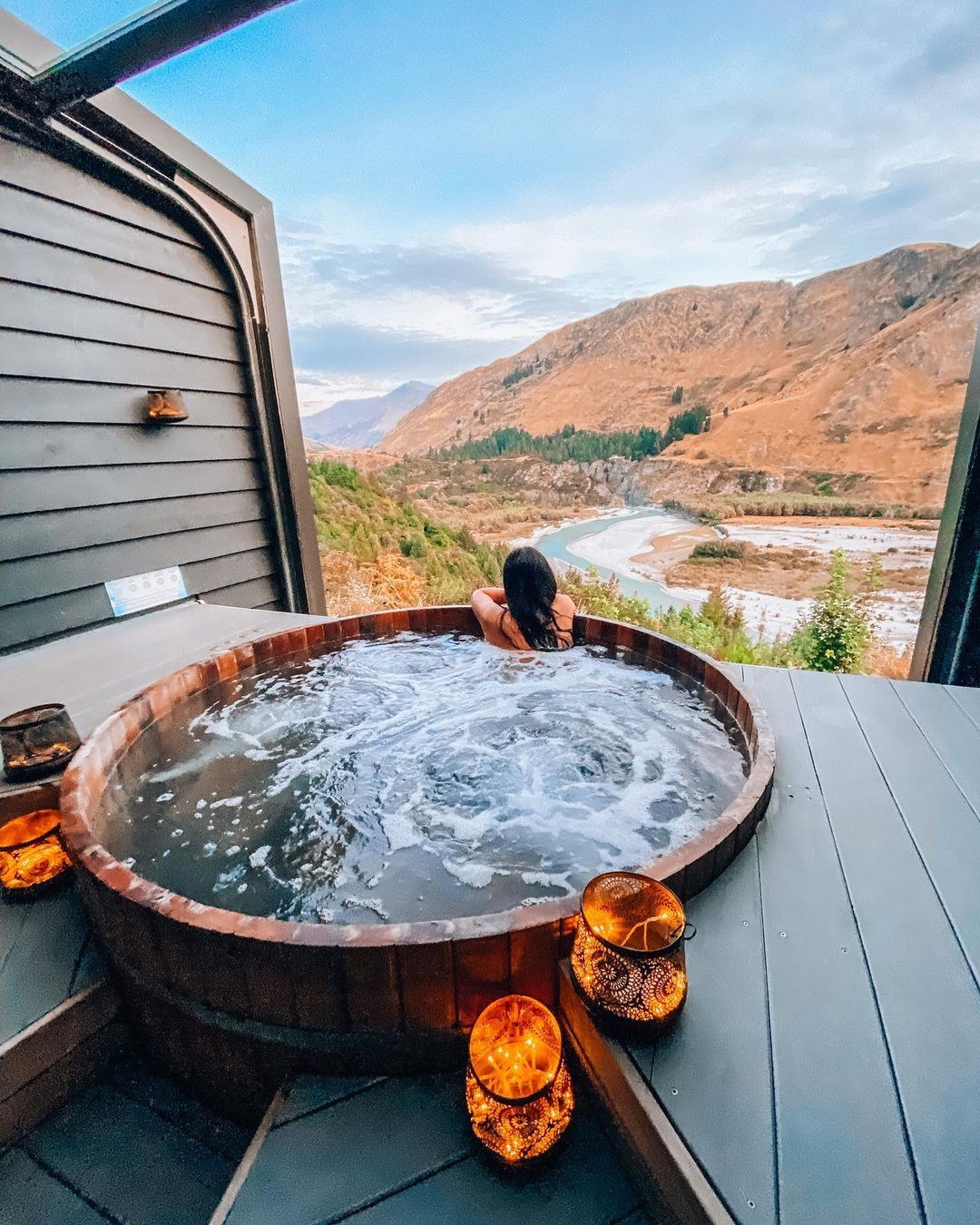 A stunning view of the Shotover river as seen from the Onsen Hot Pools in Arthurs point.
