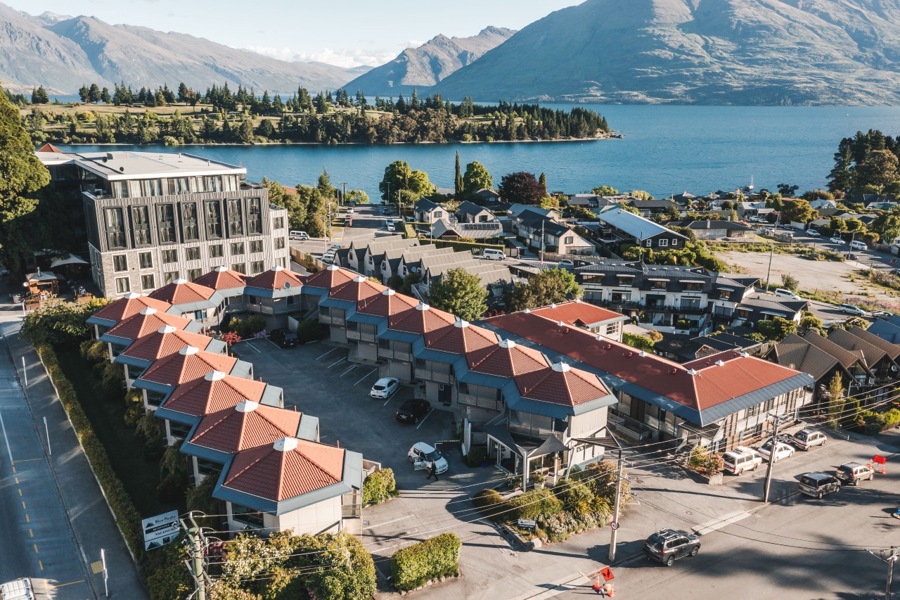 An aerial view of the Blue Peaks Lodge in Queenstown, New Zealand.