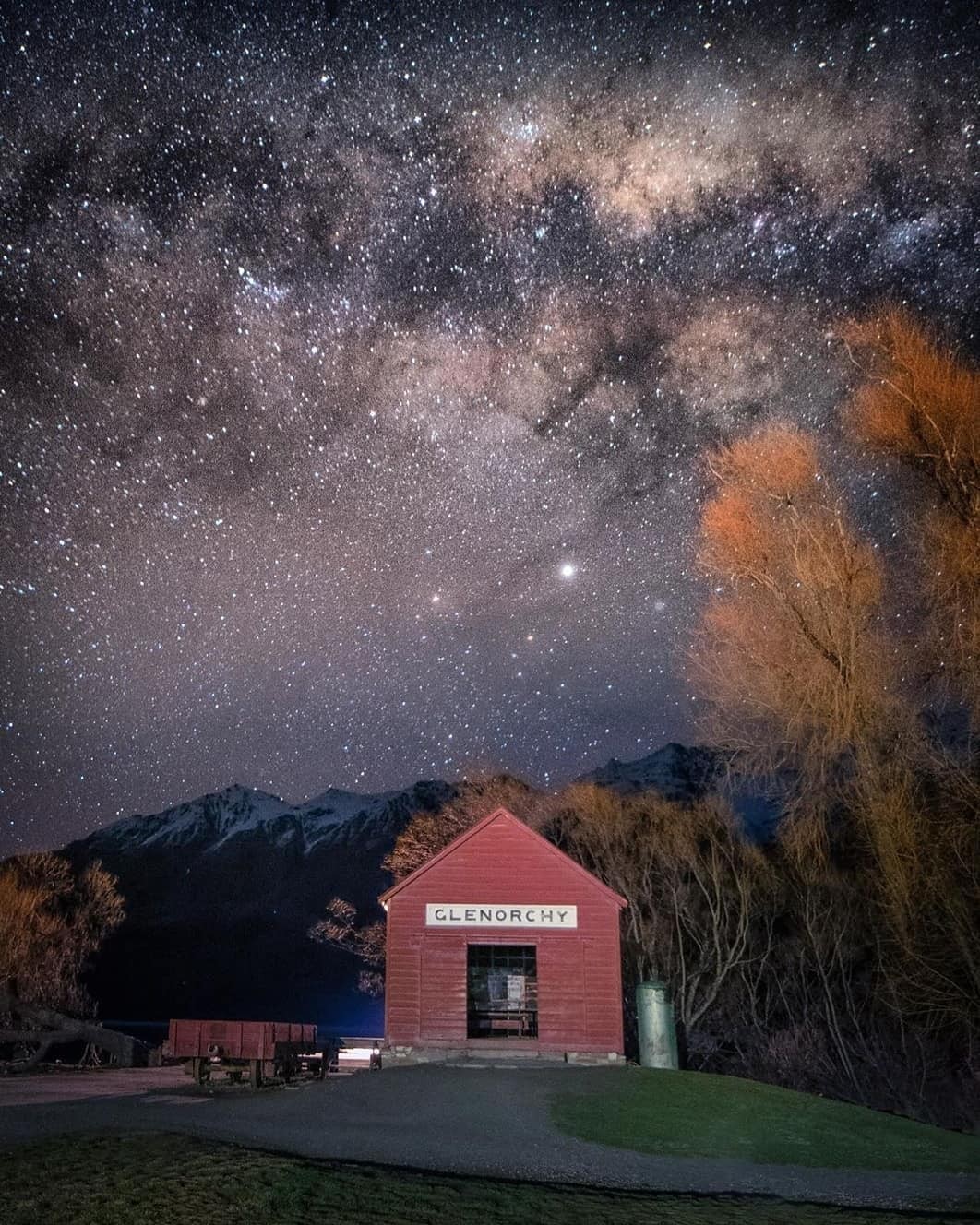 The milky way dances above the Glenorchy shed just outside Queenstown.