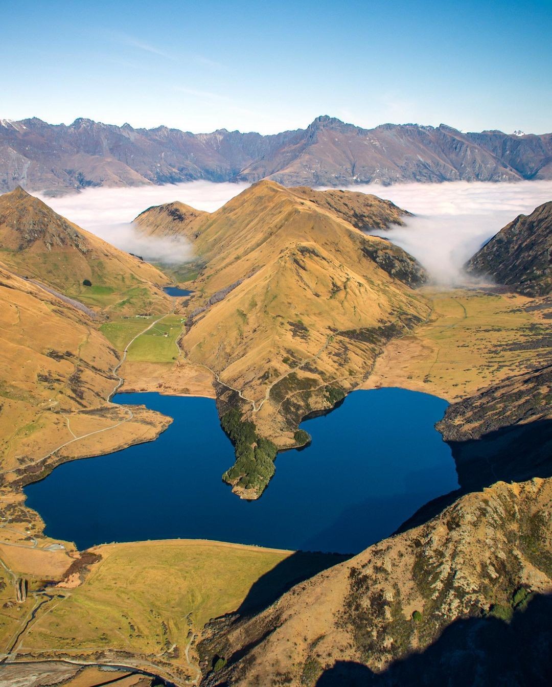 An incredible aerial shot of Moke Lake as seen from a scenic helicopter flight.