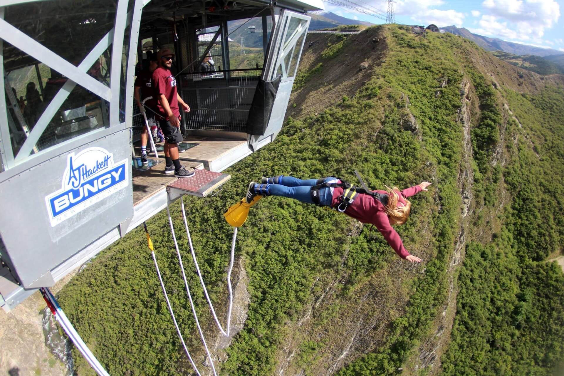 Brave Bungy jumper diving off 134 metre high platform in the Nevis Canyon in Queenstown.