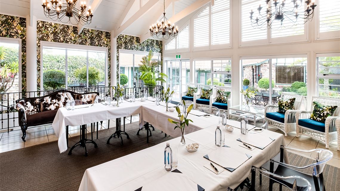 A beautiful U shaped table setting at Peppers on the Point Rotorua.