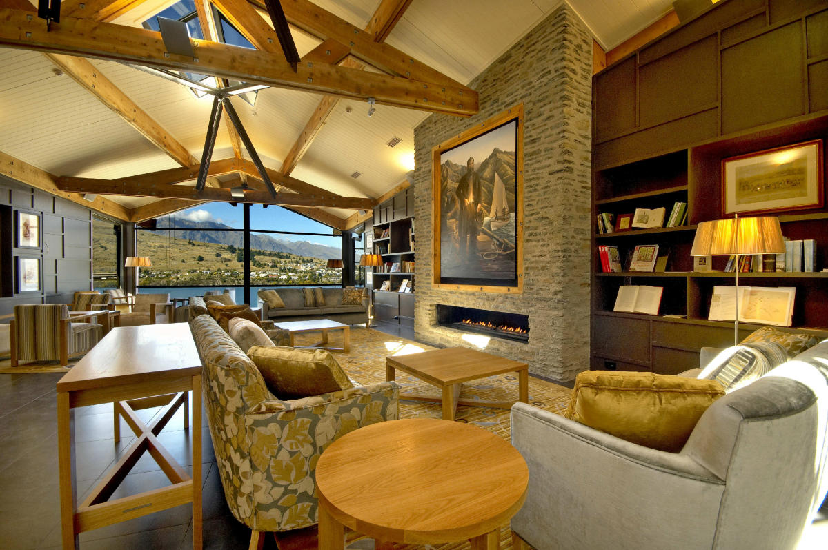 An interior photograph of the lobby and entrance for The Rees Hotel in Queenstown.