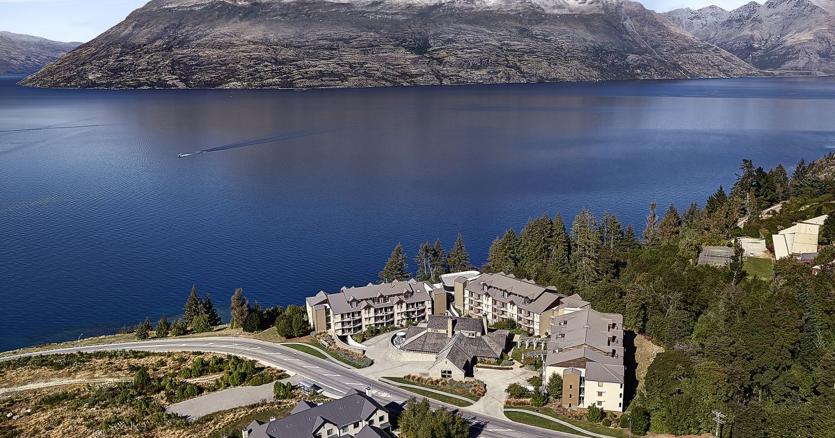 An aerial photo of the Heritage hotel in Queenstown.
