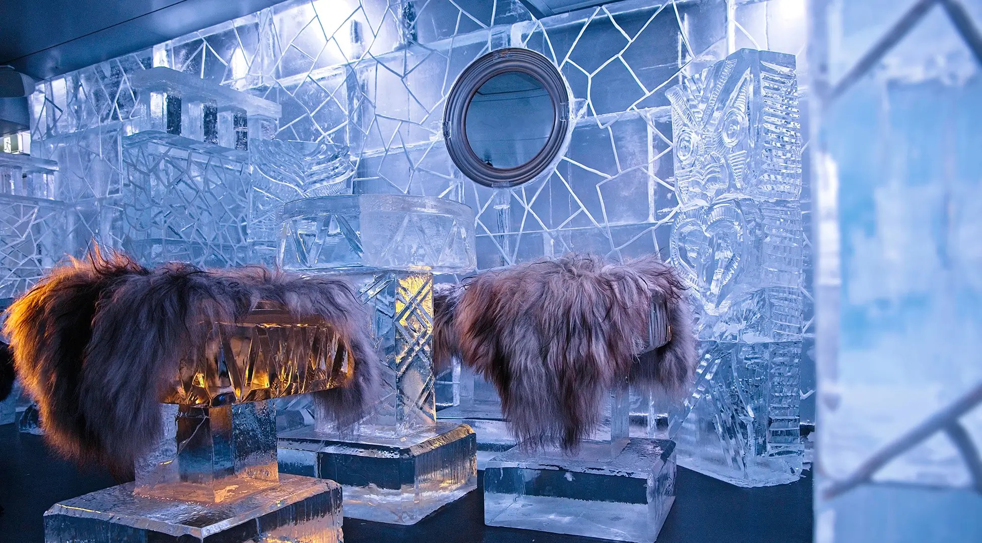 Stools, tables, and decorations carved out of ice at the Queenstown Ice Bar.