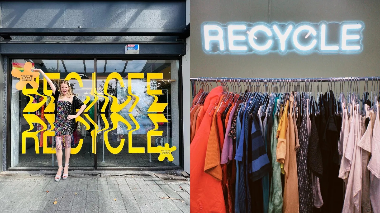 Left: Woman poses in front of a Recycle Boutique store with yellow signage reading "Recycle" in a groovy font. Right: A rack of colour-coded clothing with a neon sign reading "Recycle" above.