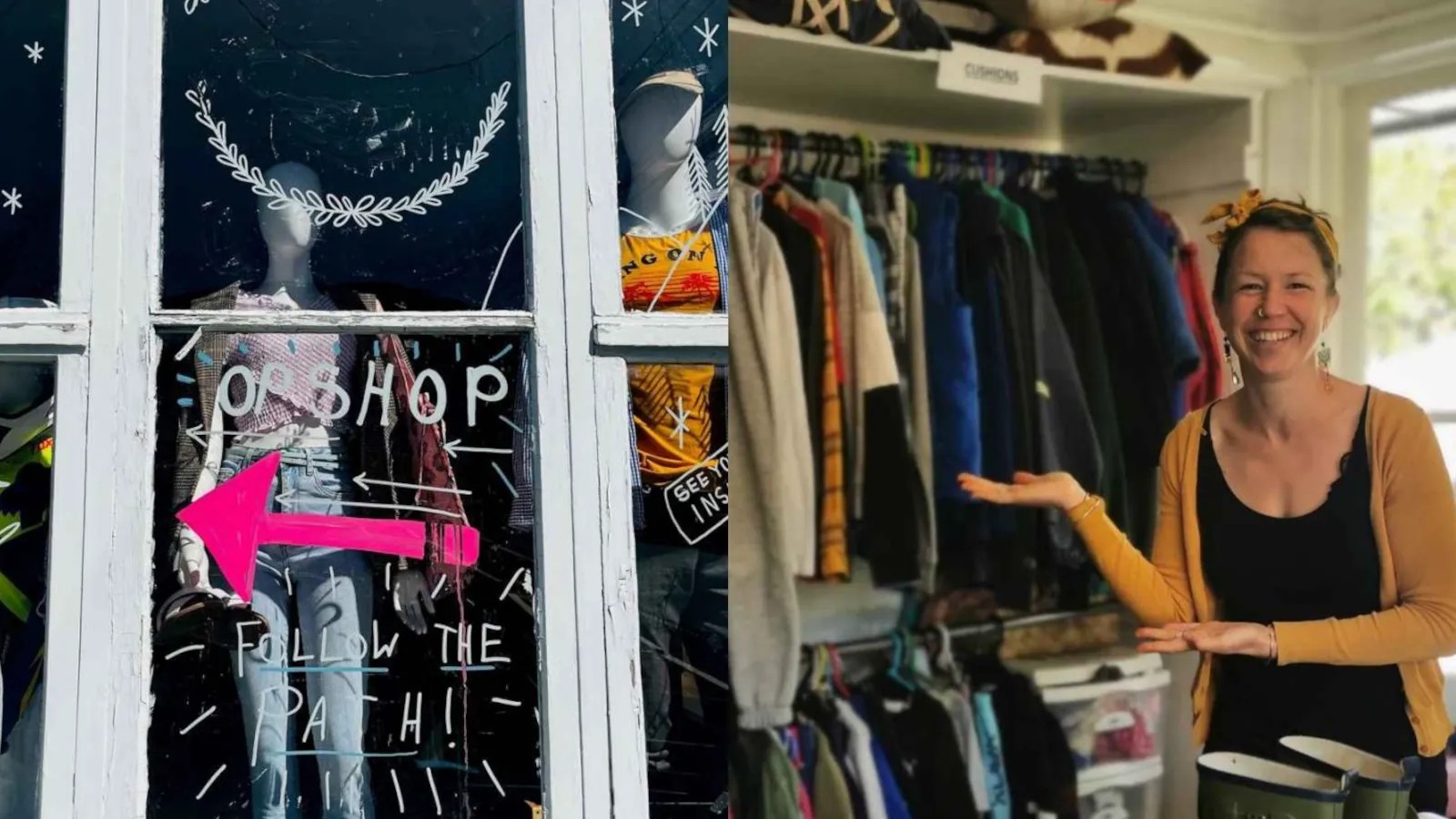 Left: Op shop window with a mannequin visible behind it. "Op shop" and "Follow the path" is written on the window with a pink arrow pointing left. Right: Woman smiles while presenting an array of op shop clothing.