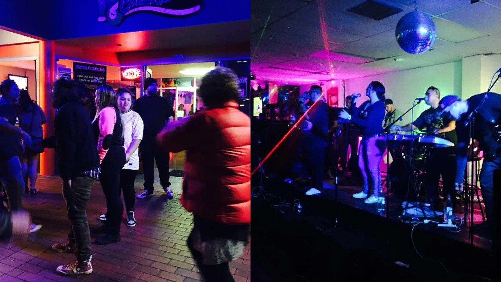 Left: The exterior of a bar lit with purple, green, and red lighting. Right: A band performs on a small stage in the bar underneath a disco ball.