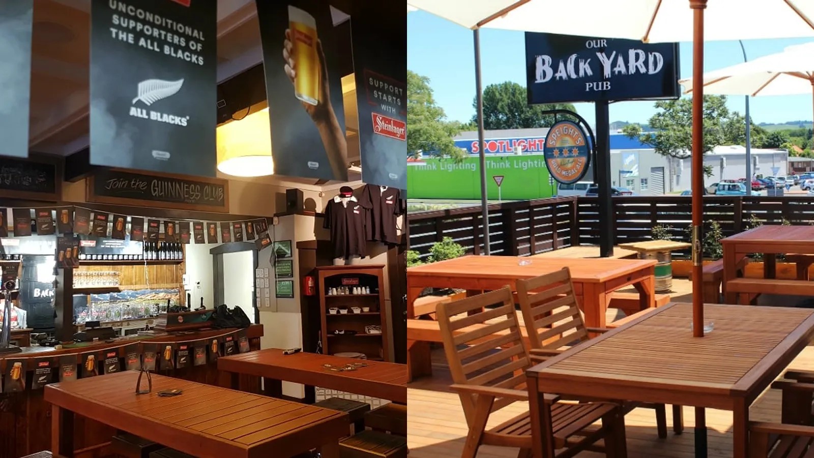 Left: The interior of a small pub with wooden furniture, rugby shirts hanging on the wall, and rugby banners supporting the All Blacks hanging from the ceiling. Right: The bar's deck, featuring wooden furniture and a sign reading "Our Backyard Pub".