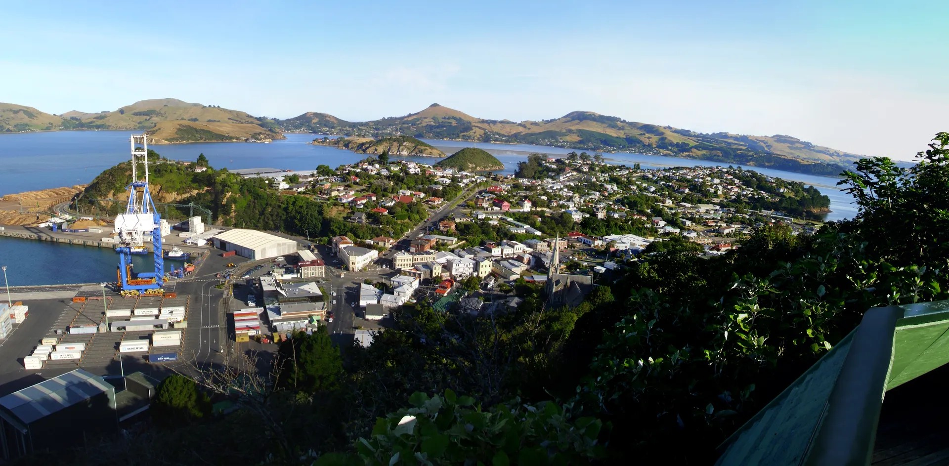 Port Chalmers town view showing harbour, hills and houses near Dunedin.