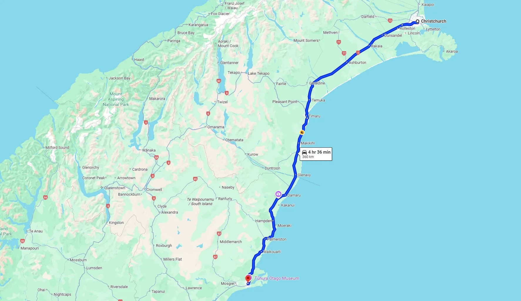 Driving directions map displaying 360km journey from Christchurch to Dunedin along New Zealand's east coast.