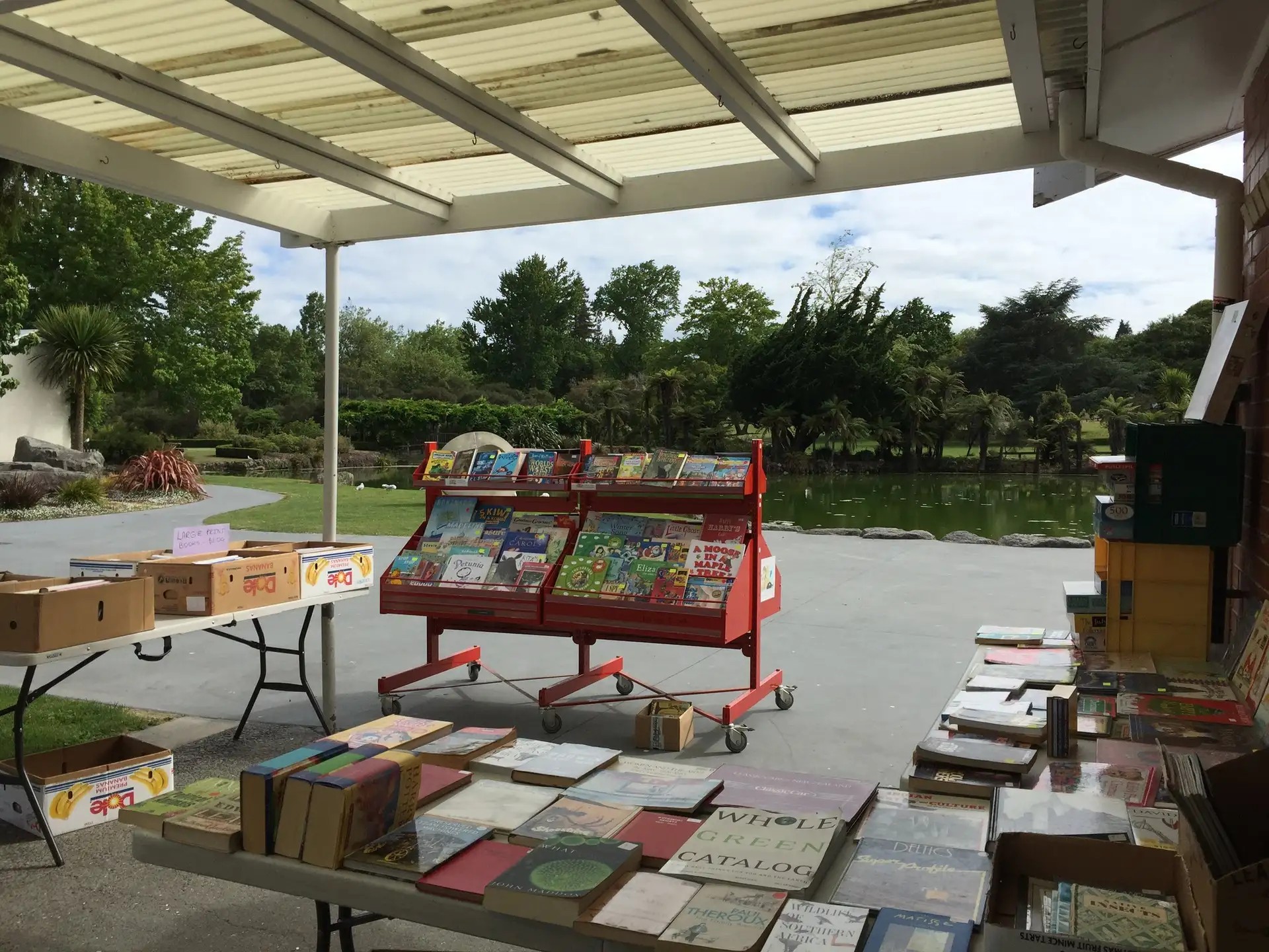 Tables and boxes of books for sale with a pond and trees in the background.