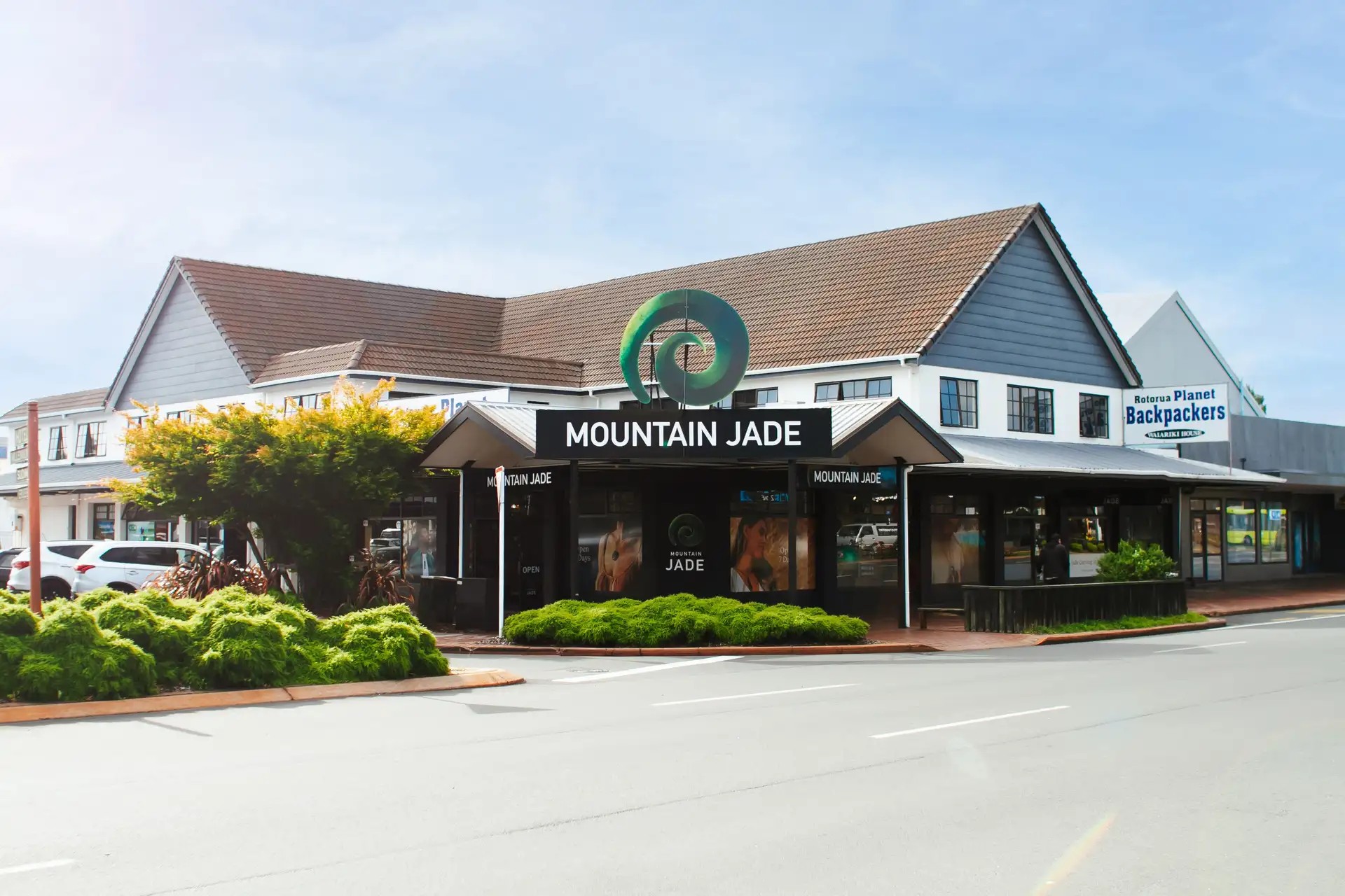 Mountain Jade store from the outside with the greenstone design centred.