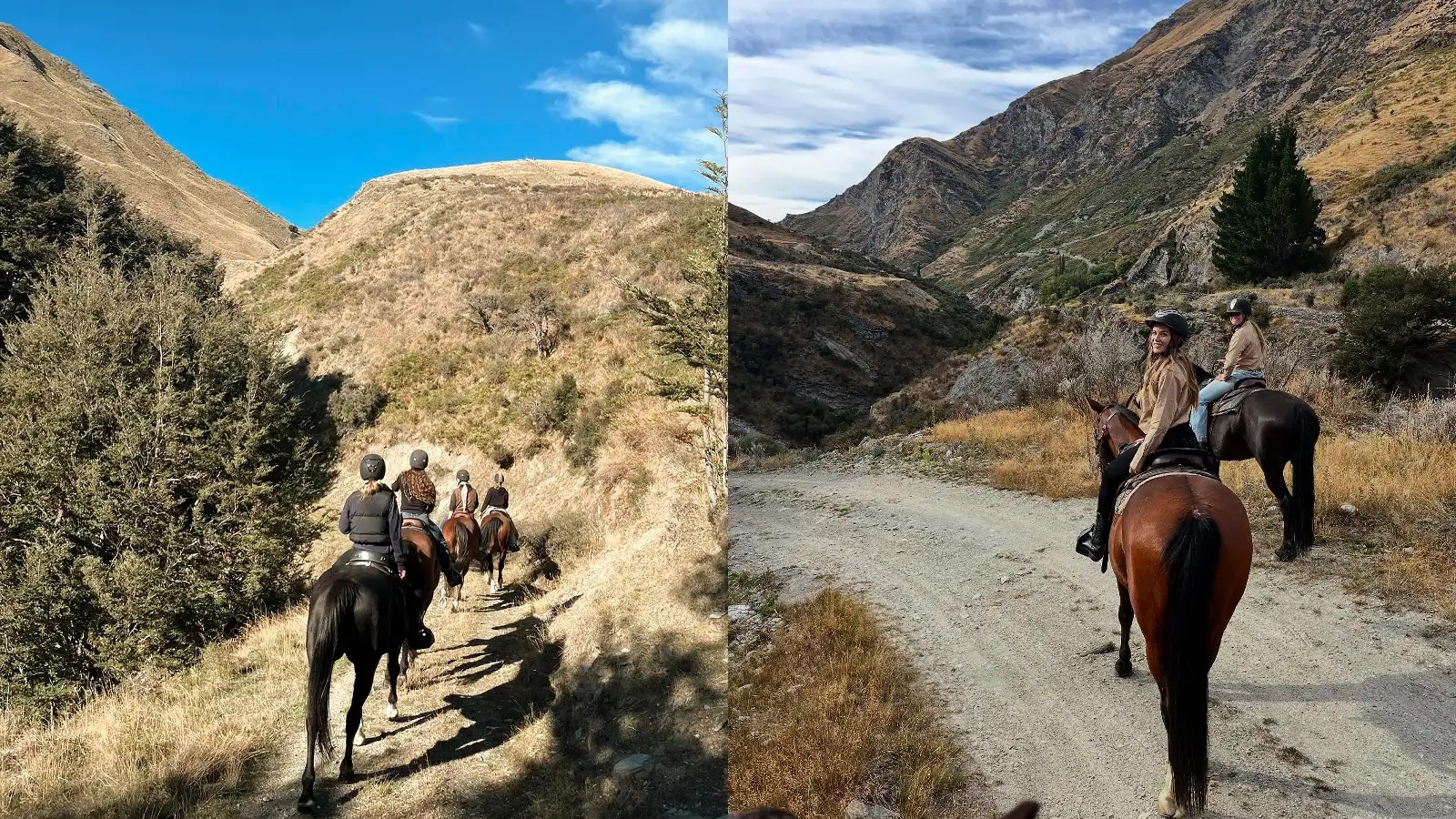 Left: Four people riding horses on a small dirt path in the mountains. Right: Two people riding horses on a gravel path in the mountains.