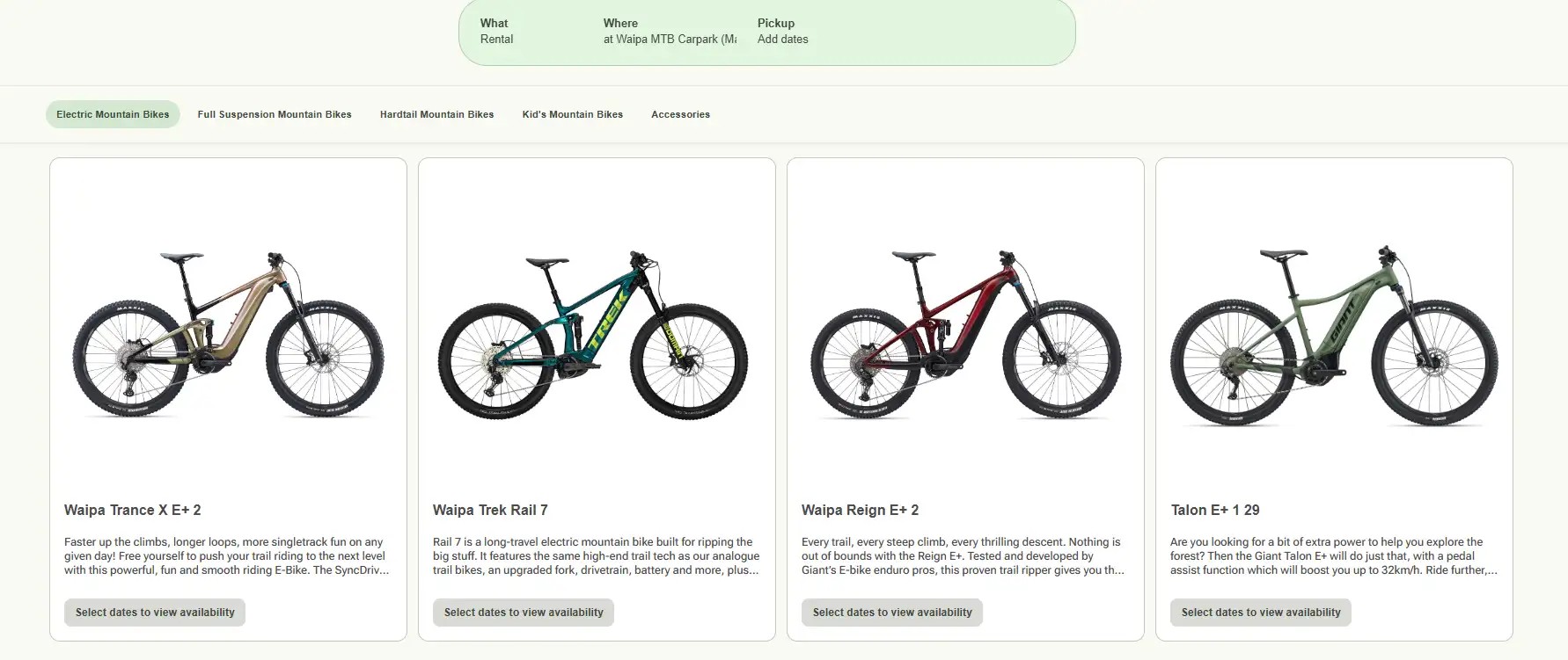Screenshot of Mountain Bike Rotorua booking page displaying four mountain bikes.