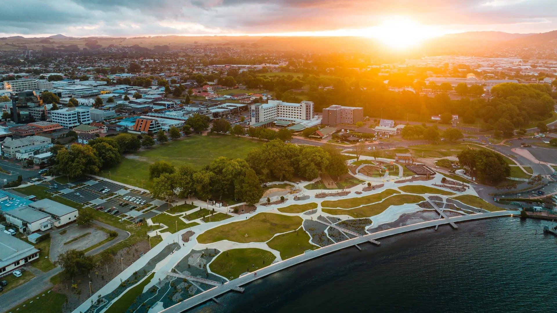 Aerial lakefront view of Rotorua.