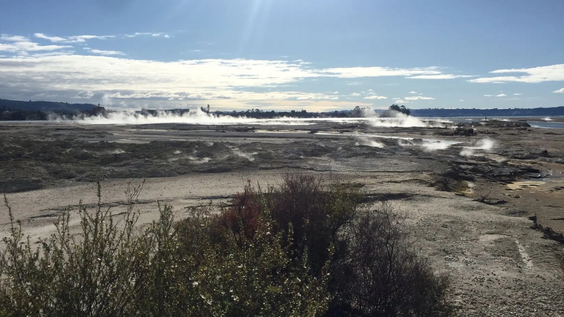 Dark brown ground with geothermal steam venting out from below.