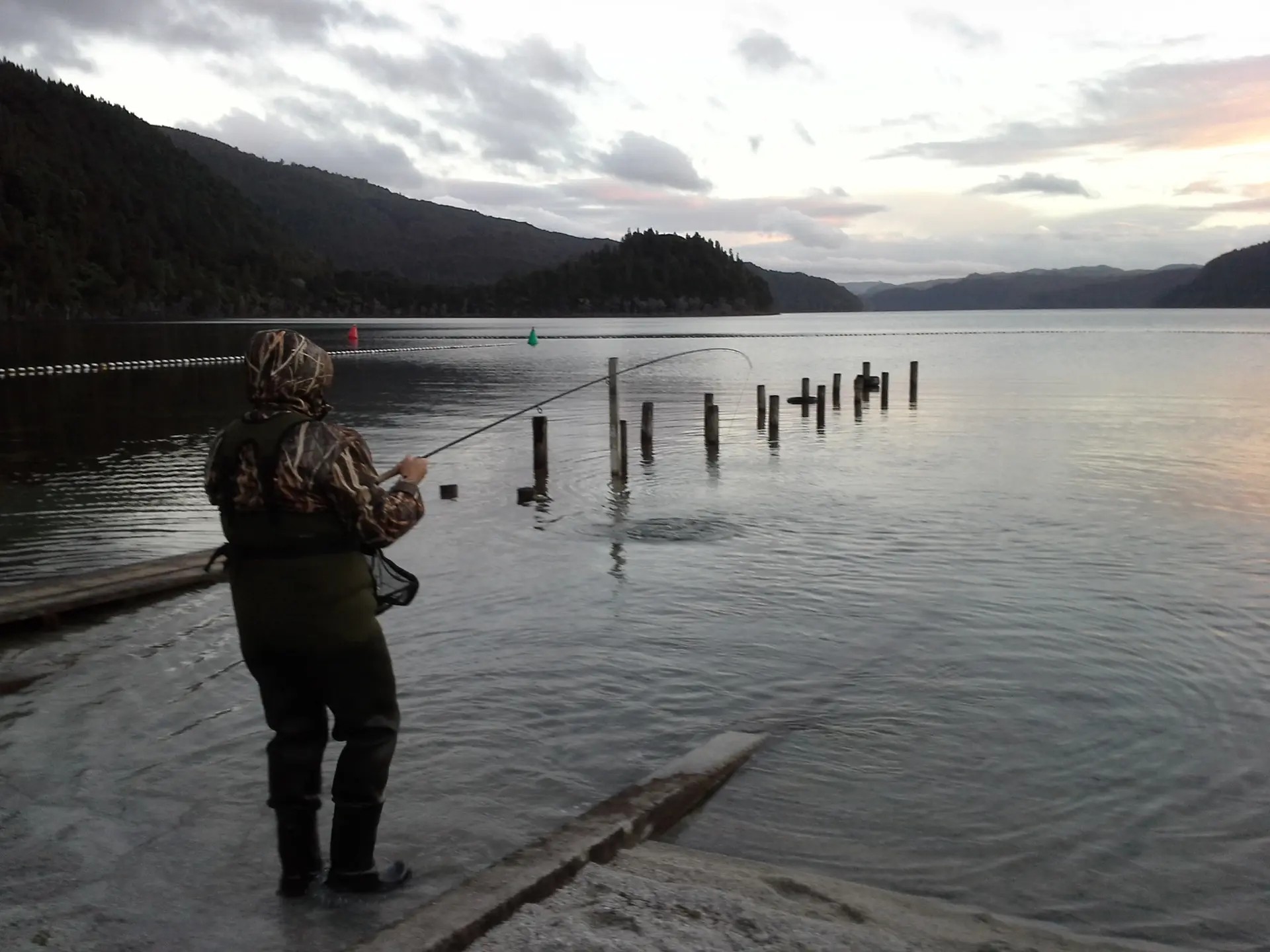 Guy fishing by a lake shore in the morning.