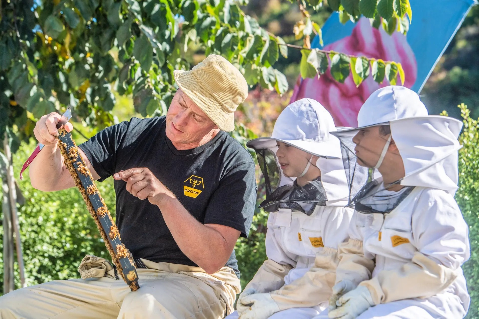 A man pointing at a beehive screen covered in bees, showing it off to two kids dressed in beekeeper outfits.