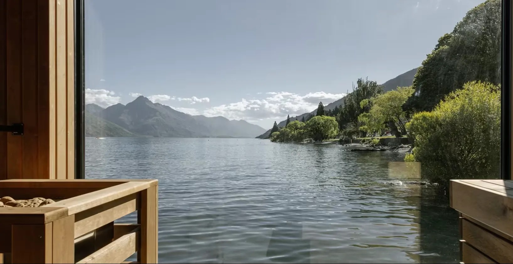 View of Lake Wakatipu from a wooden sauna.