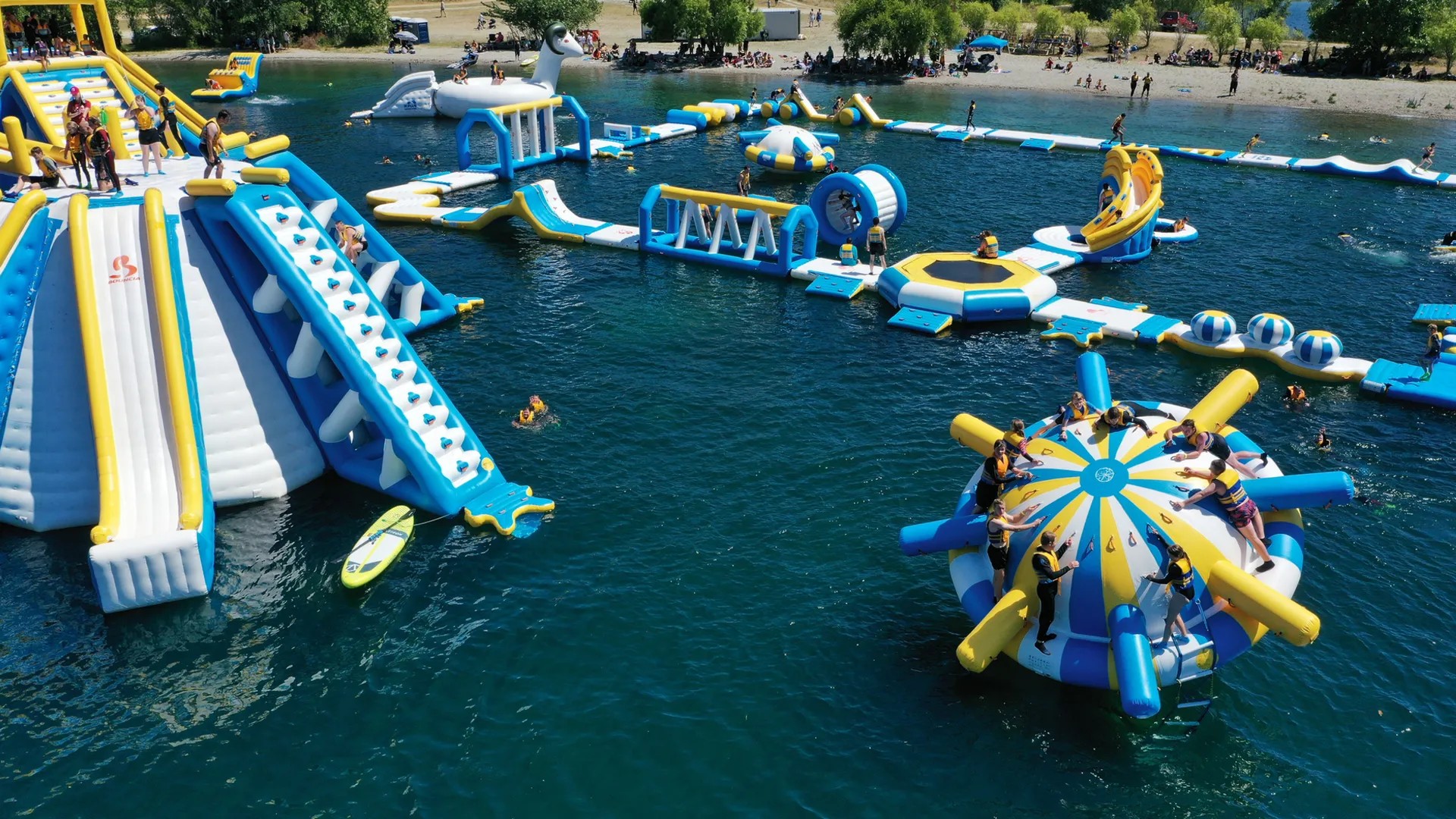 Water park filled with large inflatables.