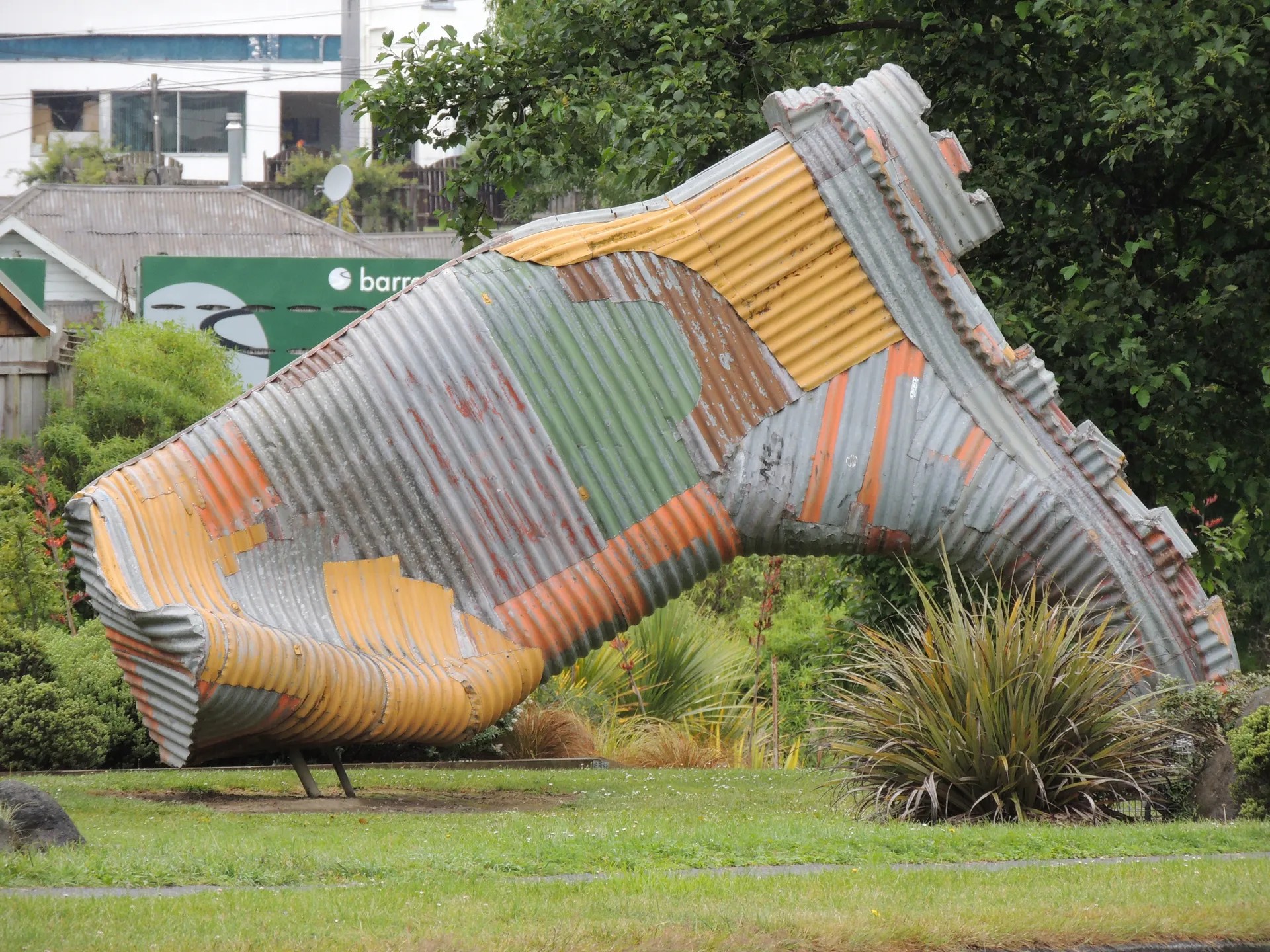 Giant corrugated iron gumboot.