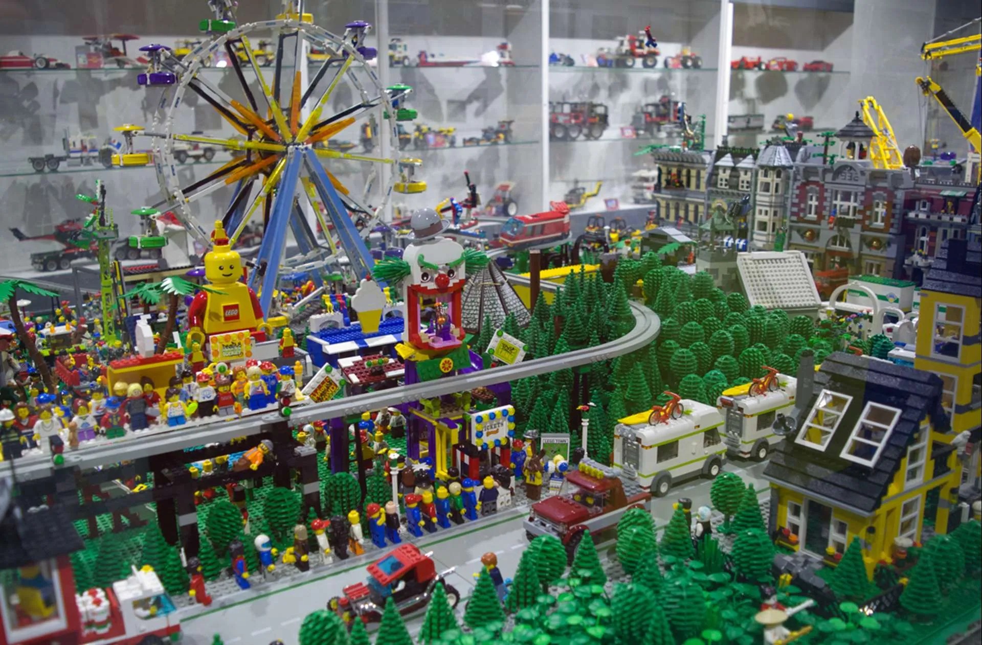 Room with a miniature LEGO town display.
