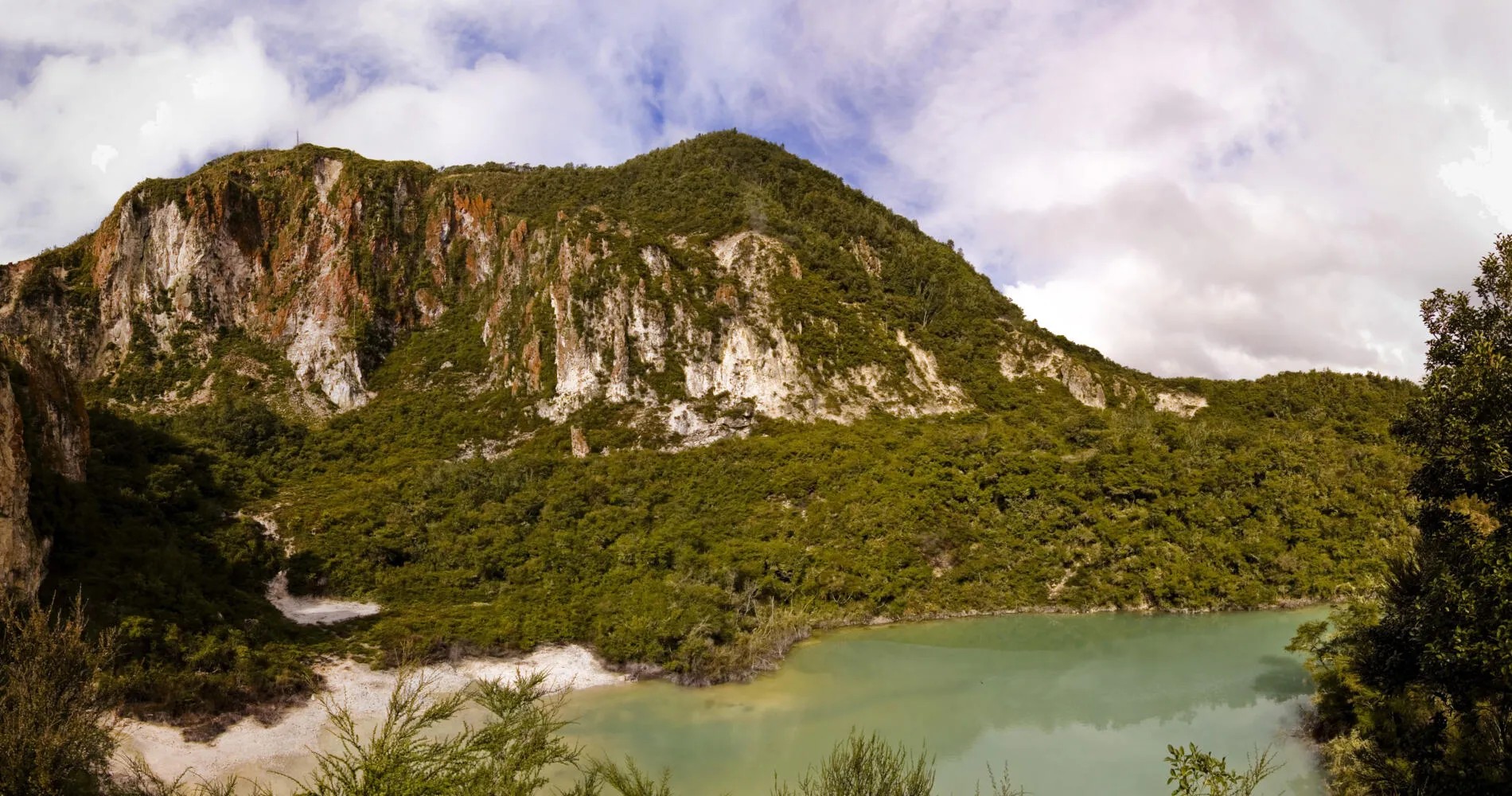 Mountain covered in trees with a murky green lake below.