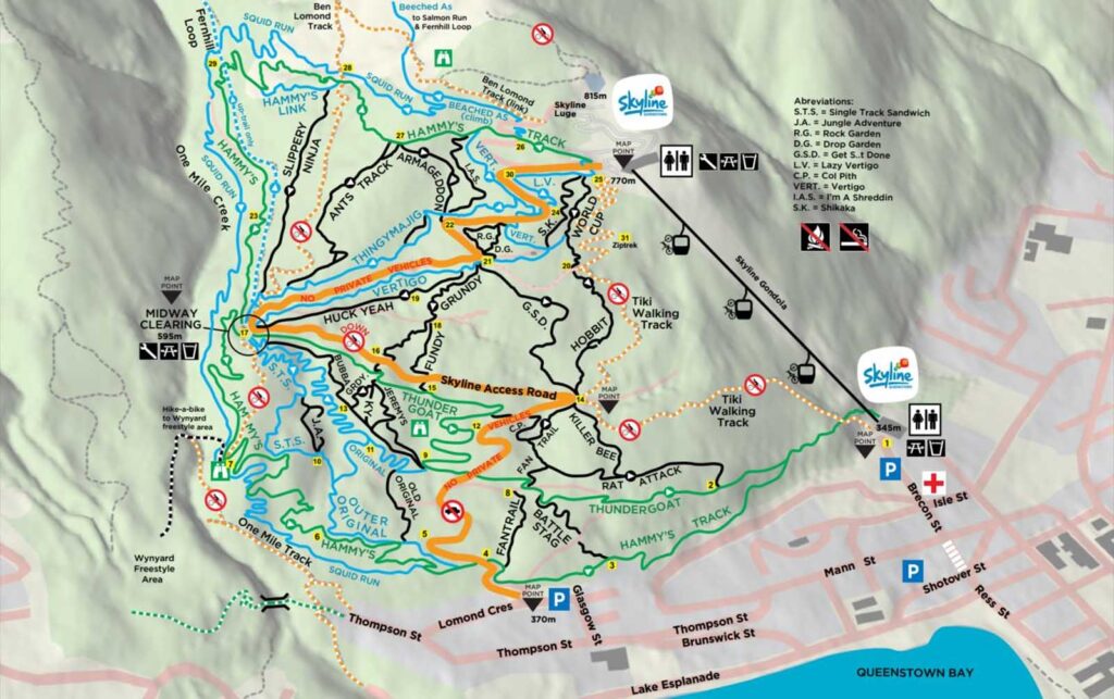 Skyline Queenstown downhill mountain bike trail map.